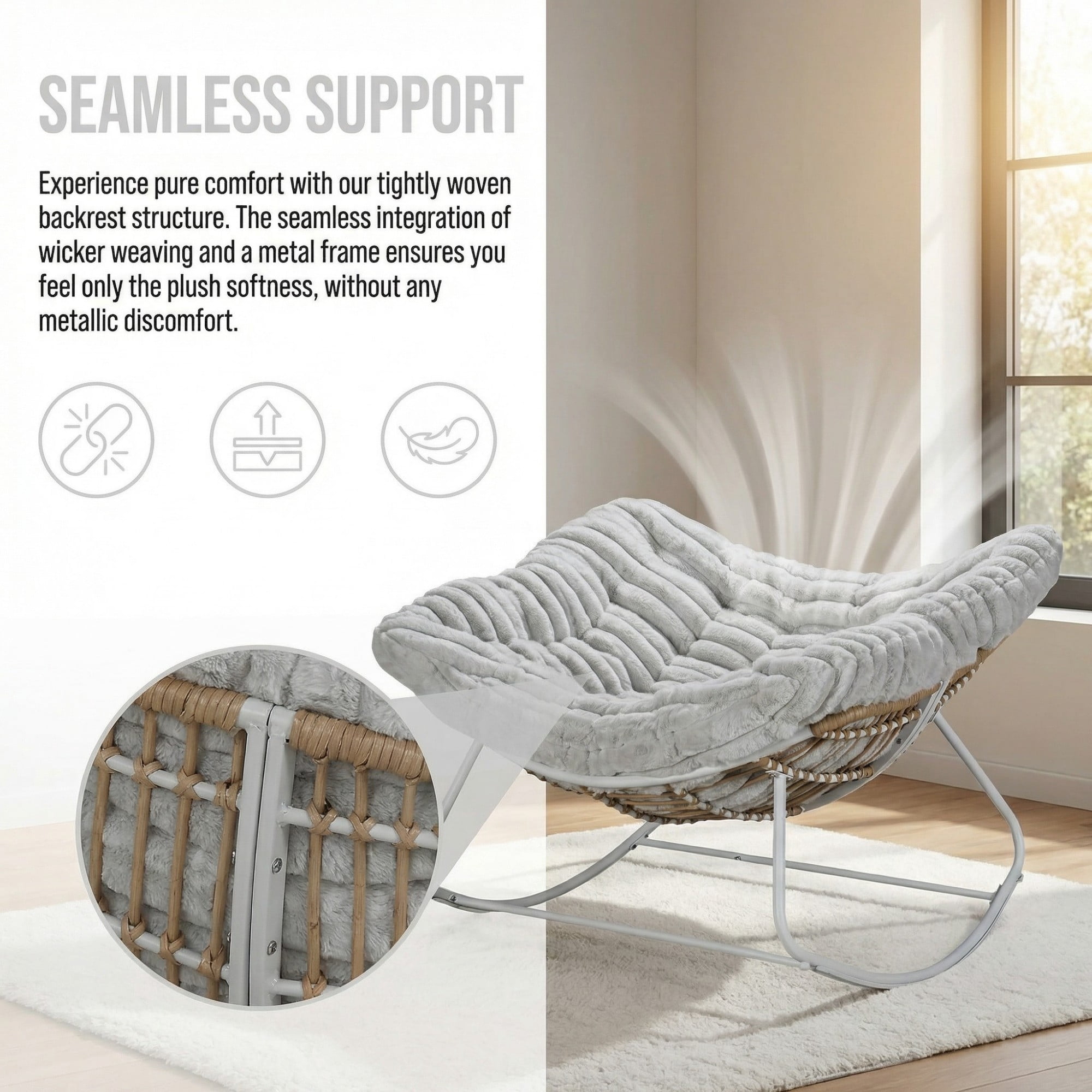 Papasan Rocking Chair Oversized, Rattan Outdoor Rocker with Deep Seat Thick Cushion, Patio Rocking Chair for Porch Bedroom Garden, Light Gray & White