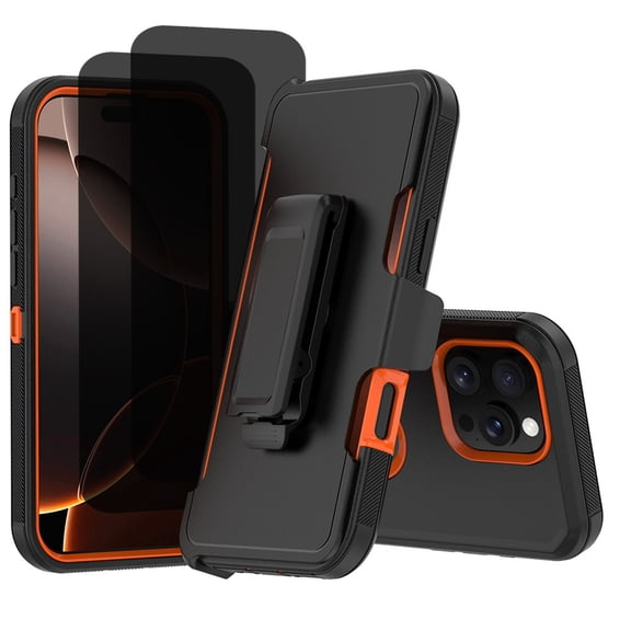 Hotpom for iPhone 15 Pro phone Case with 2 Pack Privacy Screen Protector Heavy Duty Shockproof Drop Proof Protection with Black Belt Clip, Black/Orange