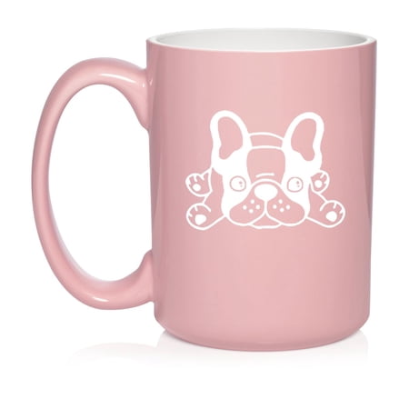 French Bulldog Frenchie Puppy Ceramic Coffee Mug Tea Cup Gift for Her, Him, Friend, Coworker, Wife, Husband (15oz Light Pink)