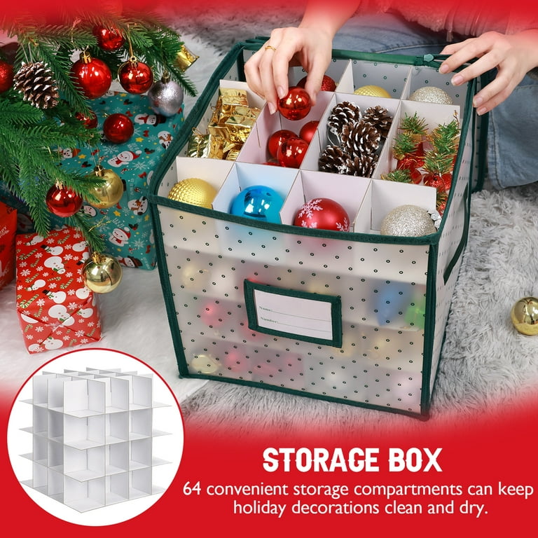 Ayieyill Christmas Ornament Storage Chest, Ornament Storage Box Holiday  Ornament Organizer Holds 64 Balls w/ Dividers, Green,(L) 12''x (W) 12''x  (H)