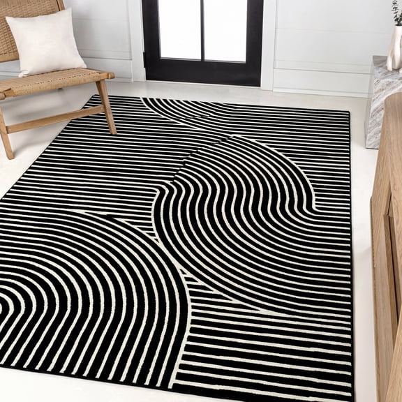 JONATHAN Y SCANDINAVIAN 8 x 10 Area Rug, Hallie Minimalist Curve Geometric - Black/White, SCN100F-8