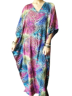 Mogul Women Boho Maxi Dress Caftan Dresses Pink Blue Printed Beach House Dress Evening Lounger Kaftan 2XL