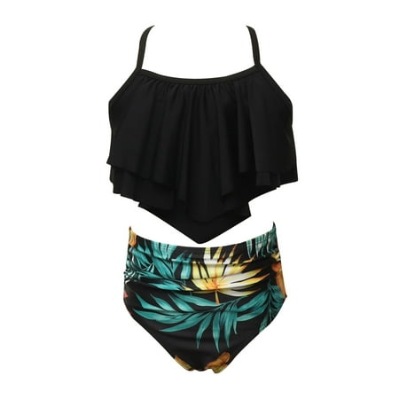 

BeQeuewl 2Pcs Matching Swimsuit Leaf Print Swimwear Bikini Tankini Set Bathing Suits for Girls Women