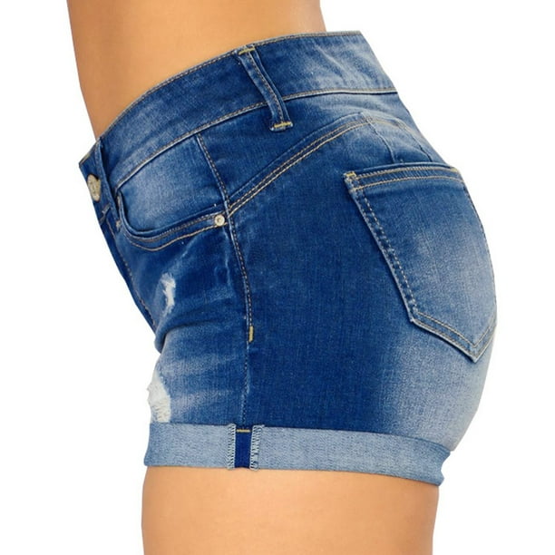 Women's Mid Rise Ripped Denim Shorts - Stretchy Jean Shorts With Folded Hem For Summer Casual Wear