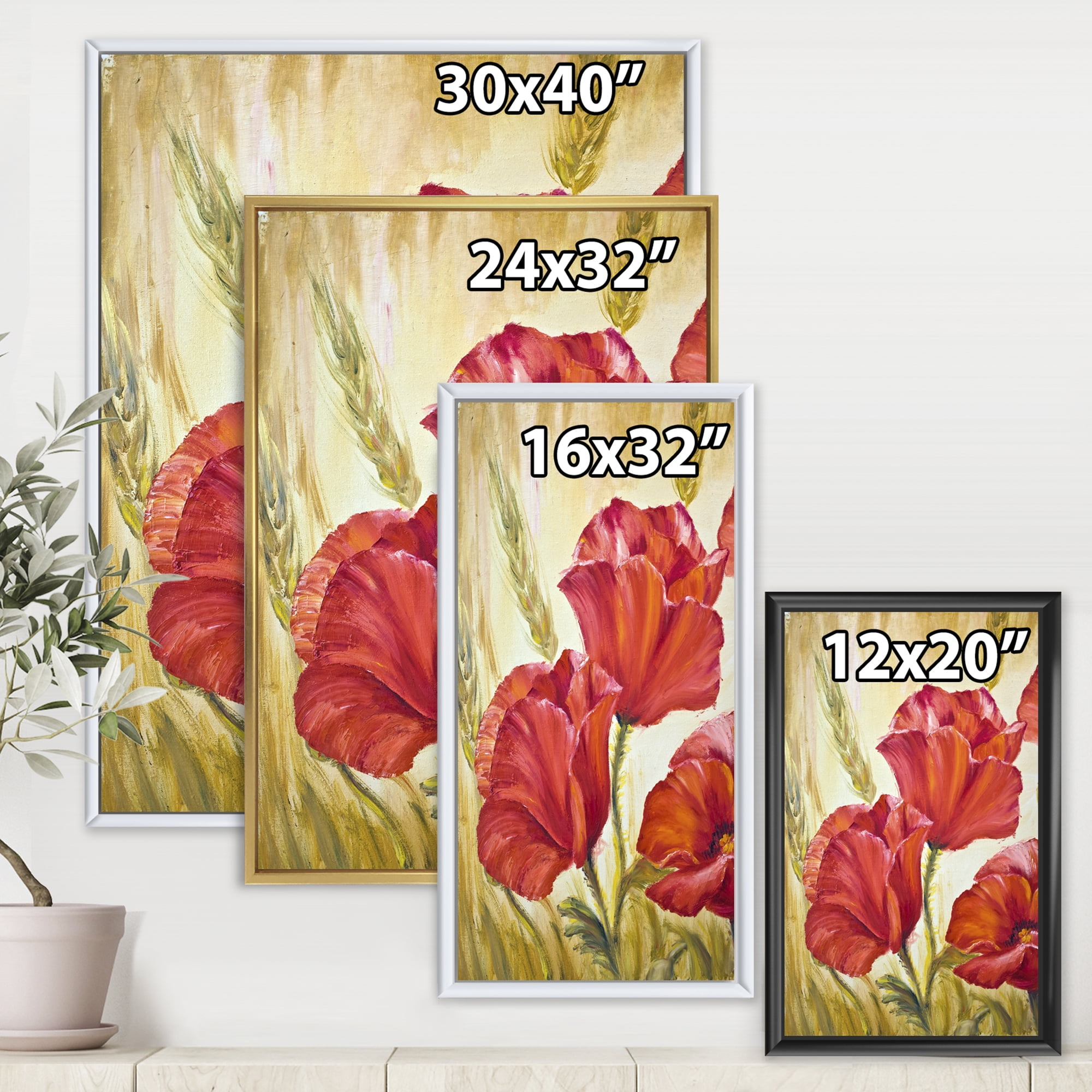 Blossoming Red Poppies In Wheat Fields II 12 in x 20 in Framed Painting Canvas Art Print, by Designart