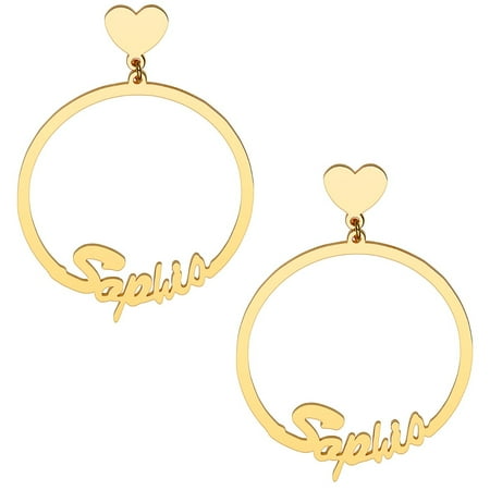 Personalized 14K Gold Plated Script Name with Heart Dangle Earrings