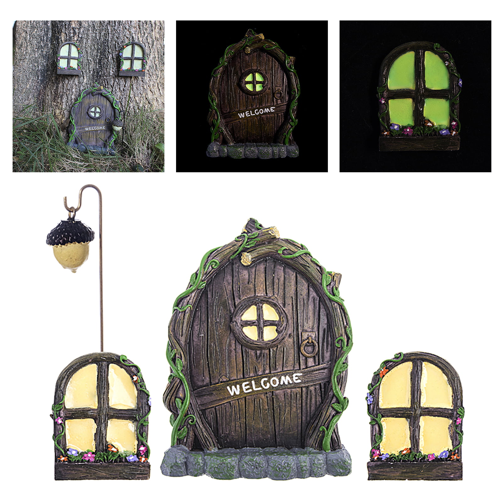 FLAMEER Fairy Door and Windows for Trees Glow in The Dark Yard Art Sculpture Decoration Miniature Fairy Garden Outdoor Decor Accessories