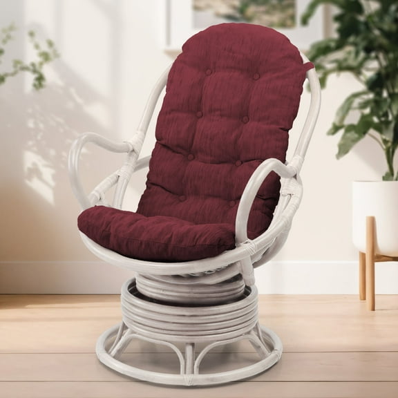 Lounge Swivel Rocking Java Chair Natural Rattan Wicker with Dark Brown Cushion, White Color