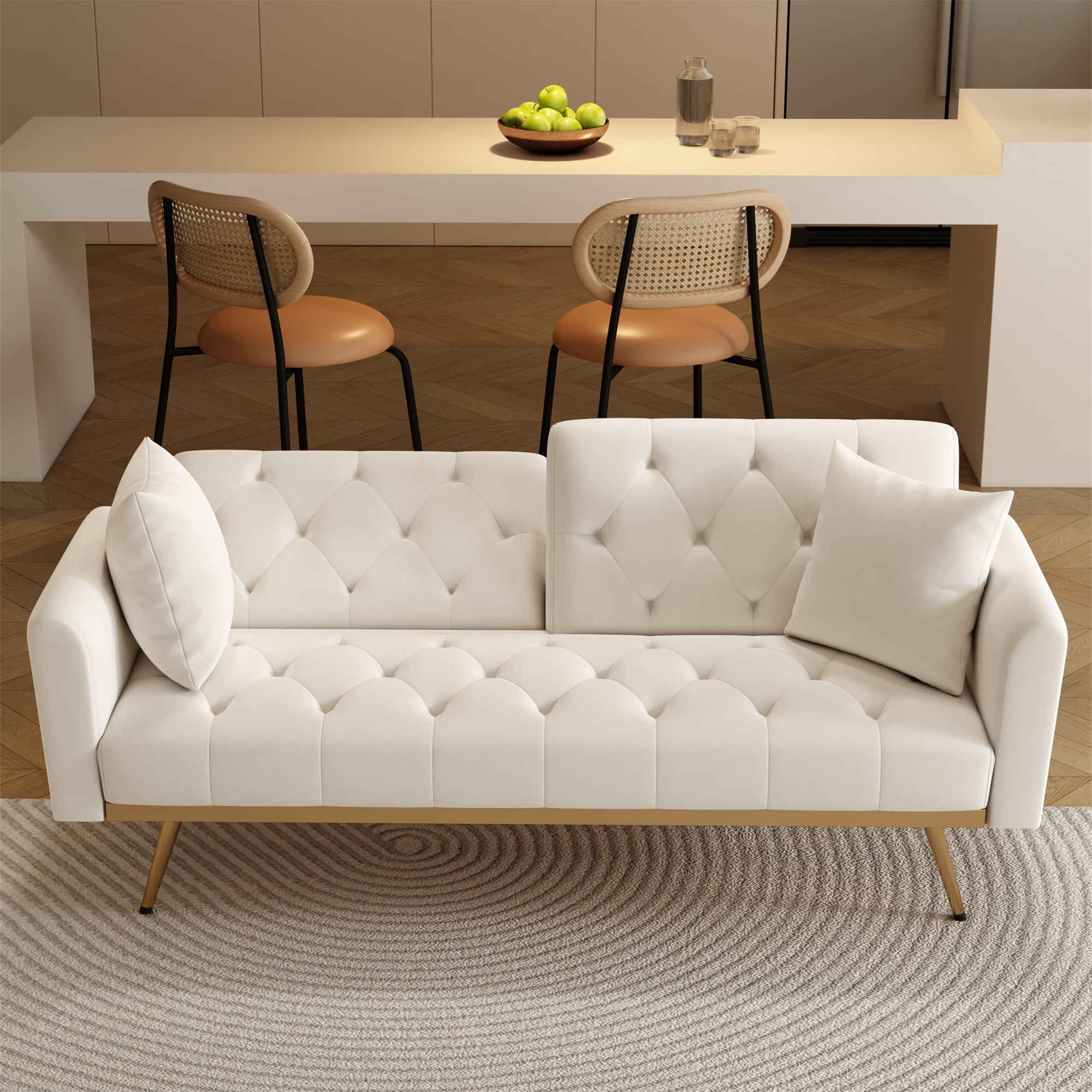 Aukfa Velvet Futon Convertible Sofa Bed for Home Office, 2 Pillows, Upgraded Metal Base, Beige