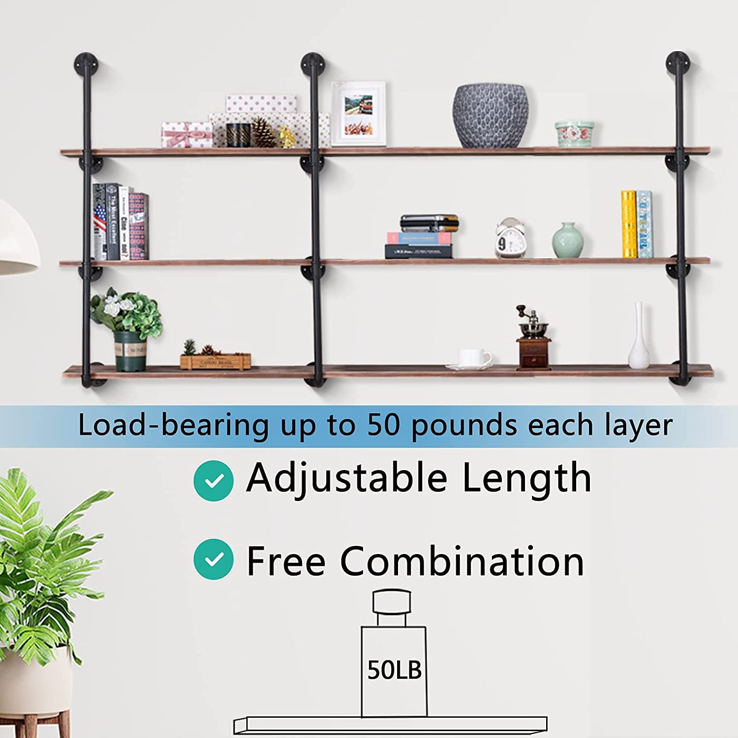 Oukaning Pipe Shelf Industrial Bracket Rustic Iron Pipe Free Standing 4 Tier Wood Rack, Size: One Size