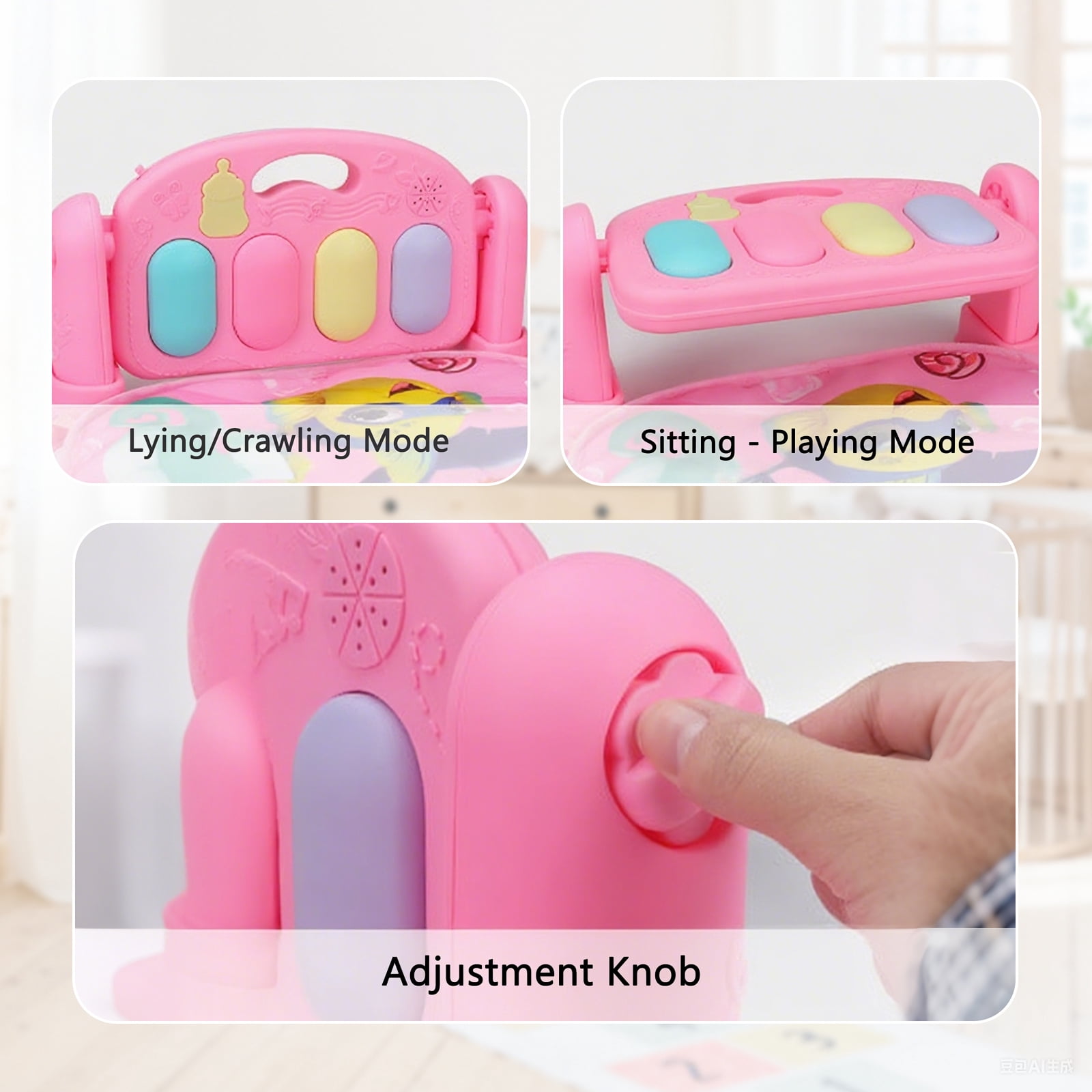 HDUTNGISN Baby Play Mat Gym with Piano & Toys-Tummy Time Activity Mat for Infants 0-12M (Pink)