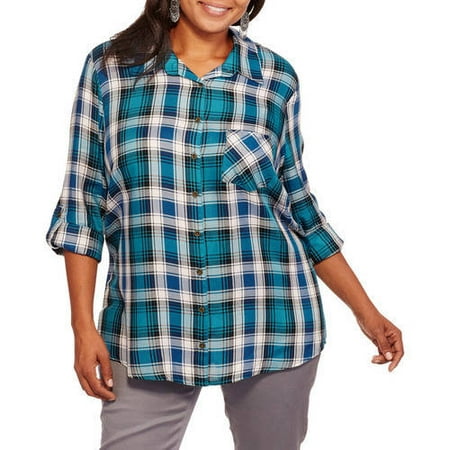 Women's Plus Plaid Button Down Pocket Shirt - Walmart.com