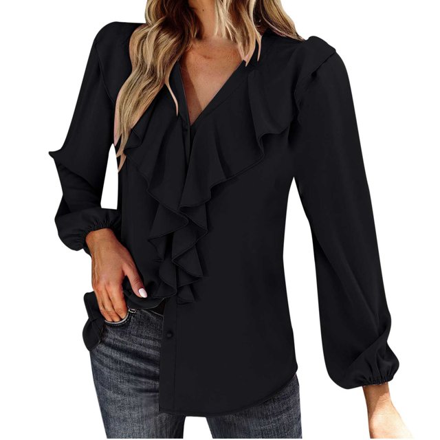 Señoras temperamento elegante viento color sólido plisado cuello en V manga larga cómoda camisa superior Pompotops FGAJ16329