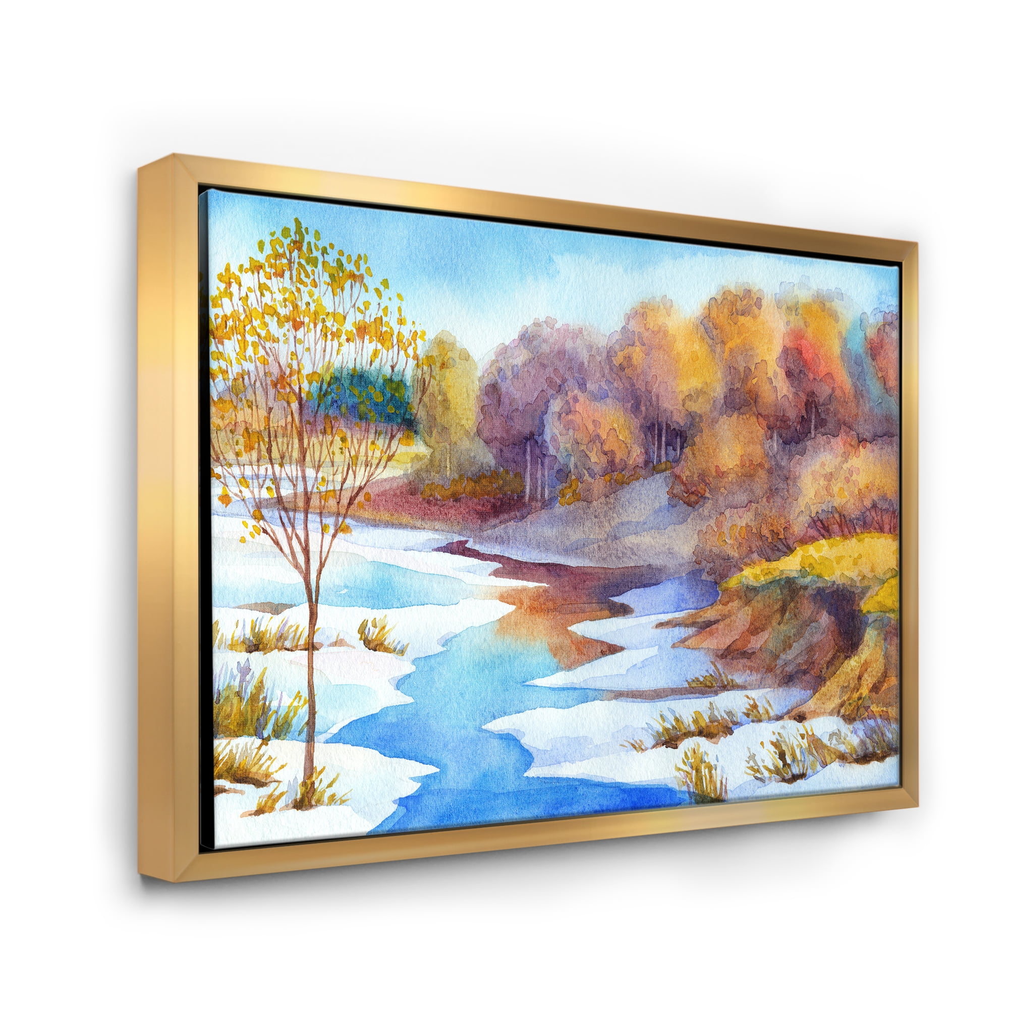 Designart 'Stream Though The Winter Forest Valley' Lake House Framed Canvas Wall Art Print