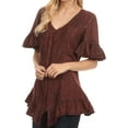 thumbnail image 3 of Sakkas Sayle Long Star Embroidered Blouse Shirt Top With Button Front And Ruffles - Chocolate - L/XL, 3 of 5