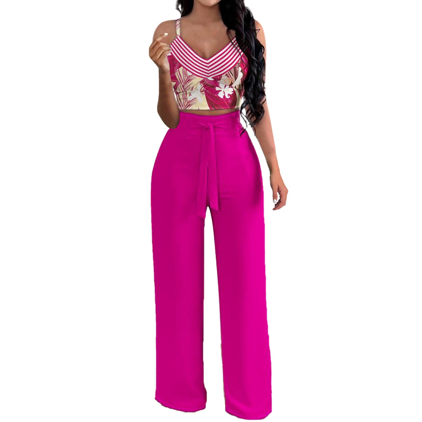 JDEFEG Women Pant Suit Fashion Summer and Spring Floral Printed 2 Piece Set Women Casual Outfit