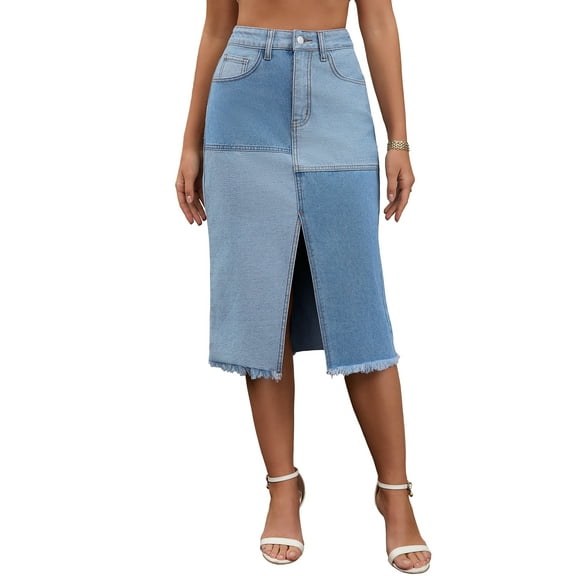 INSPIRE CHIC Women's Jean Skirt Color Block Patchwork Raw Hem Split Midi Denim Skirts S Light Blue
