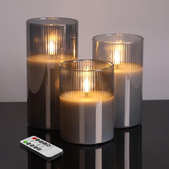 Juego de 3 velas sin llama de color gris ahumado de Lamp Eywamage con mando a distancia