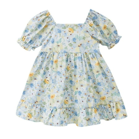

Sngxgn Girls Smocked Waist Soft Viscose Midi Dress Elastic Crewneck Casual Playwear Skater Dress with PocketsPink Summer Dress Sky Blue 2-3 Years