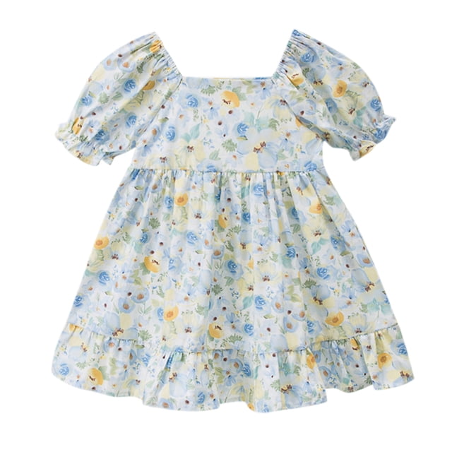 PEASKJP Robes Décontractées pour Bébés Filles Été Col Rond Manches Courtes Fluide Imprimé et Robe d'Été Unie pour Enfants, Bleu Ciel 130