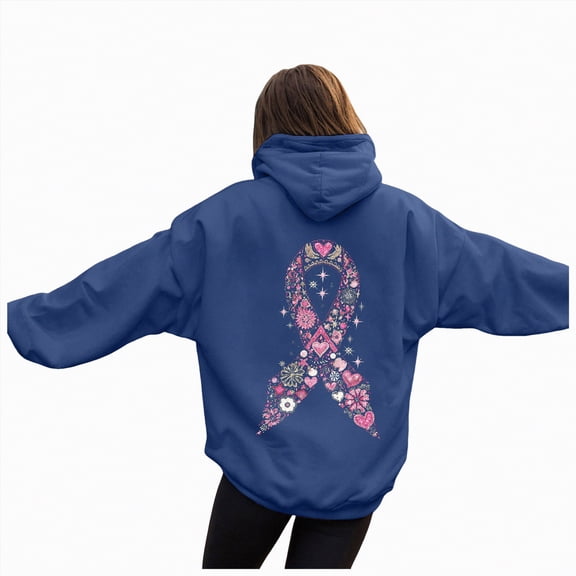 Towmus Women's Letter Graphic Print Pink Ribbon Montage Cancer Word Cloud Hoodie Sweatshirts