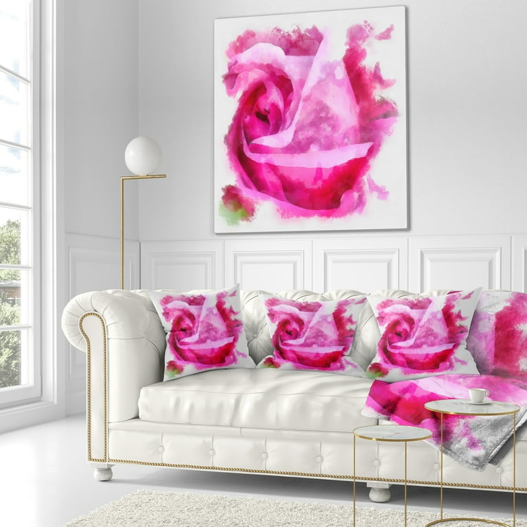 Designart Bloomy Pink Rose Watercolor Drawing - Floral Throw Pillow - 18x18