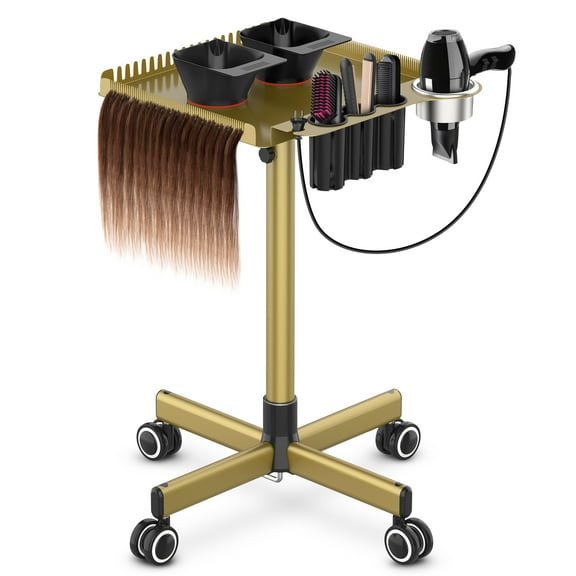 TASALON Metal Hairstylist Tray Rolling Cart for Hair Salon Station with 2 Magnetic Hair Color Bowls, Rolling Salon Tray on Wheels with Holder and Separator Stand -Gold