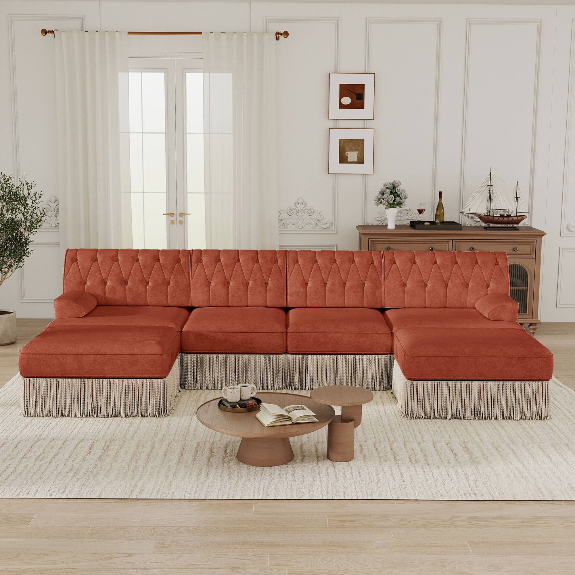 MAYEERTY Cloud Chesterfield Sectional Sofa, 4-Seater Modular Couch with Tassel & 2 Ottomans, Solid Wood Base for Living Room Bedroom