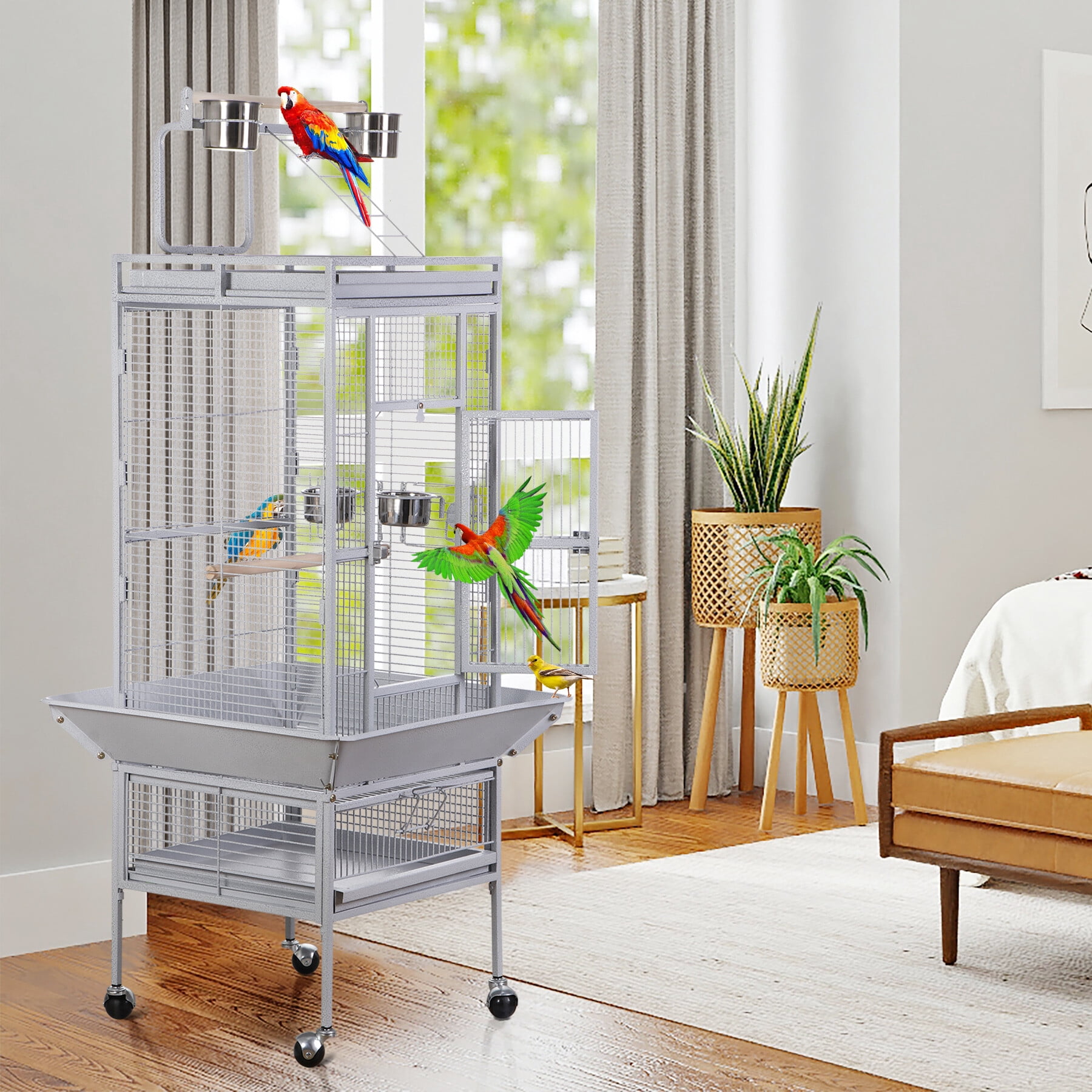 ZENSTYLE 61"H Rolling Bird Pet Cage Play Open Top Parrot Parakeet Cage Metal Frame Indoor Outdoor White