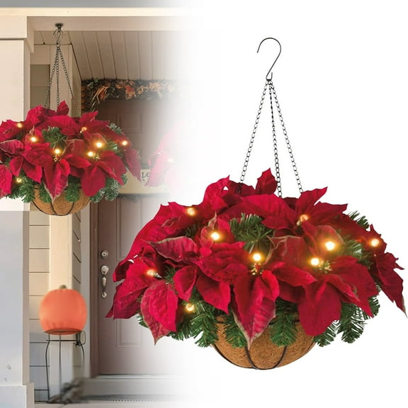 Christmas Hanging Basket for Outdoors, Pre-Lit Winter Hanging Planter with LED Lights, Artificial Greenery Christmas Decorations for Porch, Front Door & Home Outdoor Decor Red