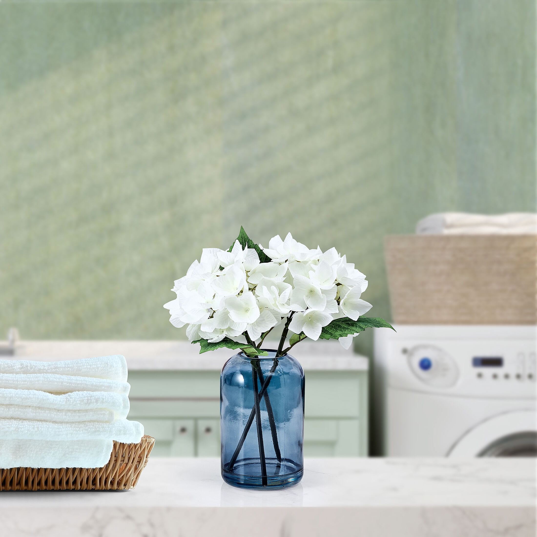 Elements 11.8 inch Realistic Look and Feel Artificial White Hydrangea Arrangement in Blue Glass Vase