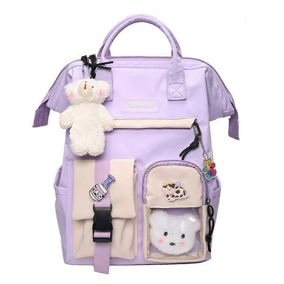 Cute Backpack with Pin Accessories, Plush Pendant for School Bag