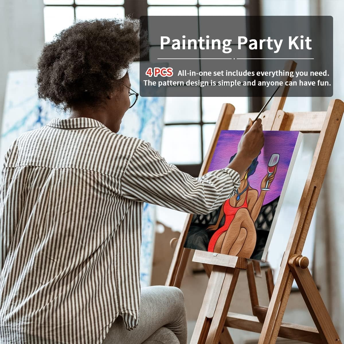 JJEAN-4 Pack Canvas Painting Kit Pre Drawn Canvas for Painting for Adults Party Kits Paint and Sip Party Supplies 8x10 in 8 Acrylic Colors,3 Brush,1 Pallet Chic Girl Art Set