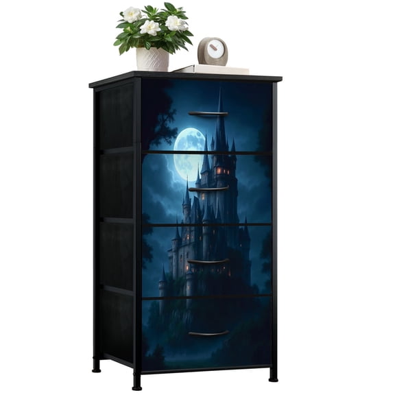 Dresser for Bedroom with 4 Storage Drawers Majestic Castle Under Moonlight Dark Night Dressers Chest of Drawers Steel Framed Fabric Closet Organizers for Entryway