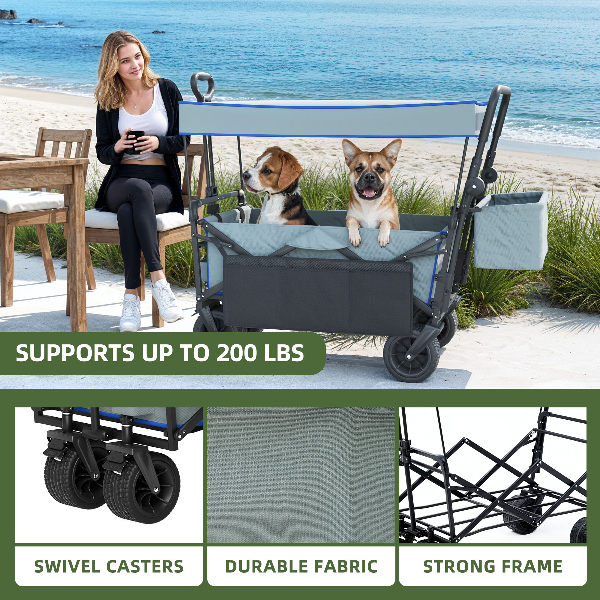 Uforic Large Collapsible Garden Cart - Durable, Convenient, and Versatile Swivel Wheels for Shopping, Picnic, Camping, Sports, Grey