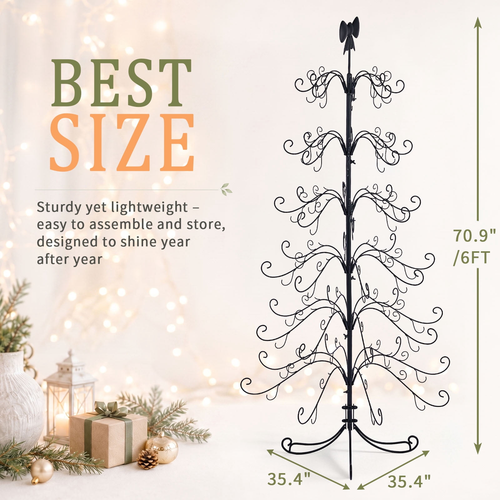 6ft Black PVC Metal Artificial Tree with Bow Topper, No Extra Ornaments, Daily Decor Tree