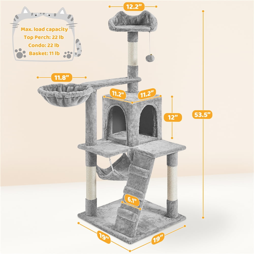 Yaheetech 53.6'' H Multilevel Cat Tree with Ladder, Condo, and Basket, Light Gray