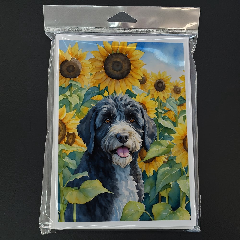 Portuguese Water Dog in Sunflowers Greeting Cards Pack of 8 7 in x 5 in
