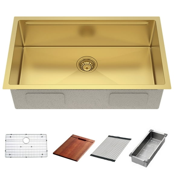 HIGOLD 30 inch Workstation Kitchen Sink with Cutting board, Undermount Sink Stainless Steel Nano Sink with Accessories, PVD Gold 30"×18"×9"