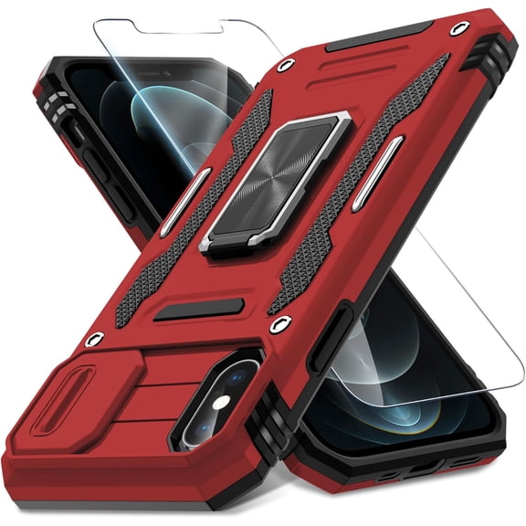 for iPhone X Case,iPhone Xs Case with Slide Camera Cover Screen Protector, Rotated Ring Kickstand Military Grade Shockproof Protective Cover 5.8 Inch-Red