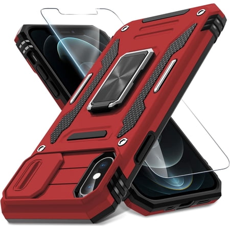 for iPhone X Case,iPhone Xs Case with Slide Camera Cover + Screen Protector, Rotated Ring Kickstand Military Grade Shockproof Protective Cover 5.8 Inch-Red