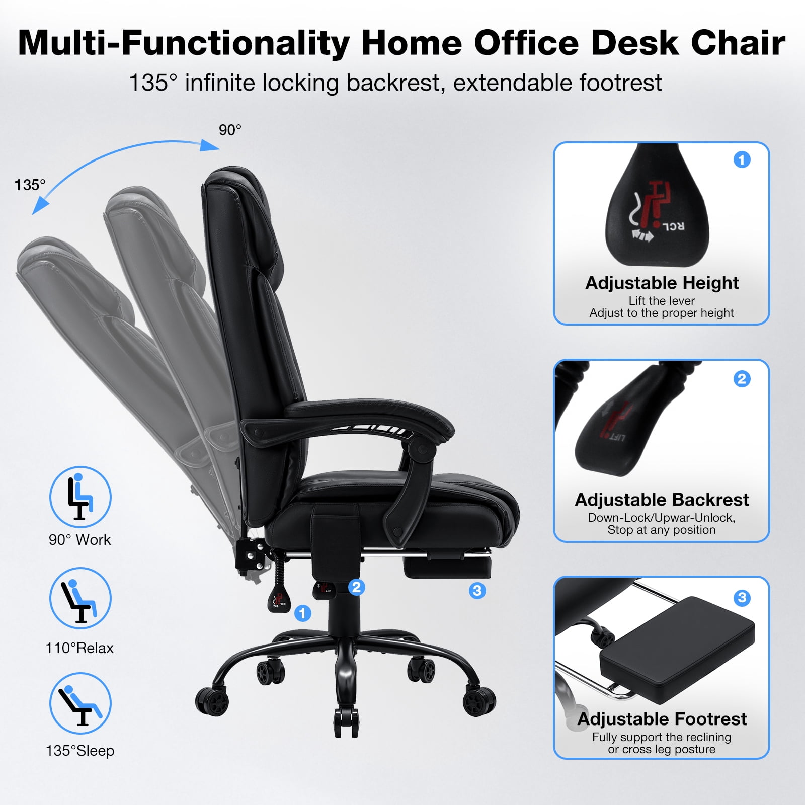 Hoffree Massage ergonomic Office Chair 400LBS, Executive Computer Desk Chair with Footrest , Reclining High Back Leather Office Chair Lumbar Back Support Swivel Rolling for Home Office Black