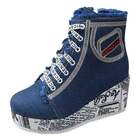 

Women S Ankle Boots Fashion Newspaper Bottom Personalized Wedge Denim Fashion Side Zipper Boots