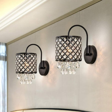 

BBNBDMZ Crystal Wall Sconce Modern Indoor Wall Lamp Vanity Lighting Fixture with Lattice Drum Shade ETL Listed for Living Room Bedroom Hallway Bathroom Antique Black Finish Set o