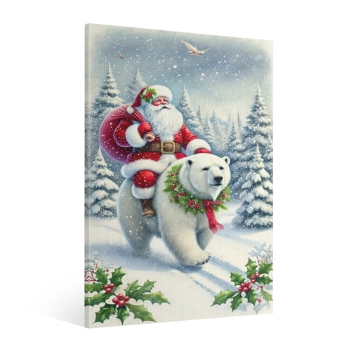 Vintage Christmas Santa Claus rides polar bears in the snow forest Wall Art Paint Framed - Xmas Festive Winter Holiday Christmas Wall Decor Canvas Print for Living Room Kitchen Bathroom Home Decor