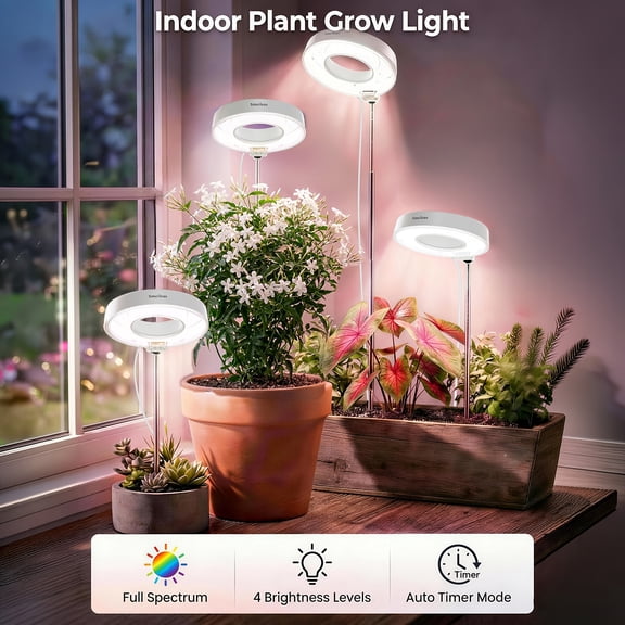4 Pack LED Indoor Plant Grow Lights, Full Spectrum, 3/6/9H Timer, Dimmable, 720° Adjustable Magnetic Lamp Head, White, for Small Potted Plants