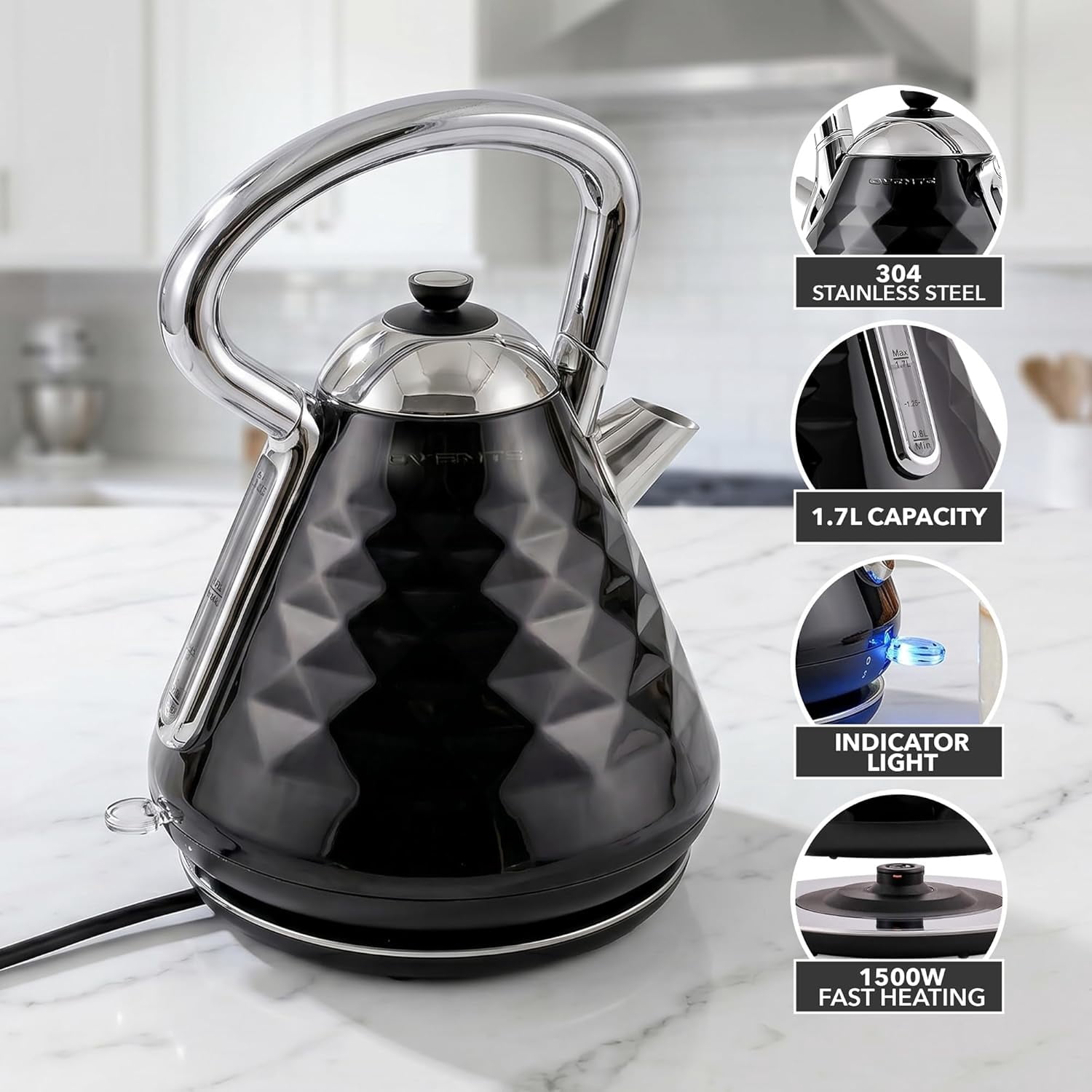 OVENTE Retro Electric Kettle, 1.7L Stainless Steel Tea Kettle, 1500W Fast Heating Hot Water Boiler with LED Indicator Light, Auto Shut-Off & Boil-Dry Protection, BPA-Free Teapot, Black KS755B