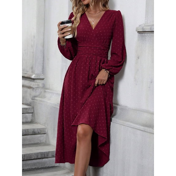Women Casual Dress Dot Neck Lantern Sleeve Ruched Waist Dress Midi Dress