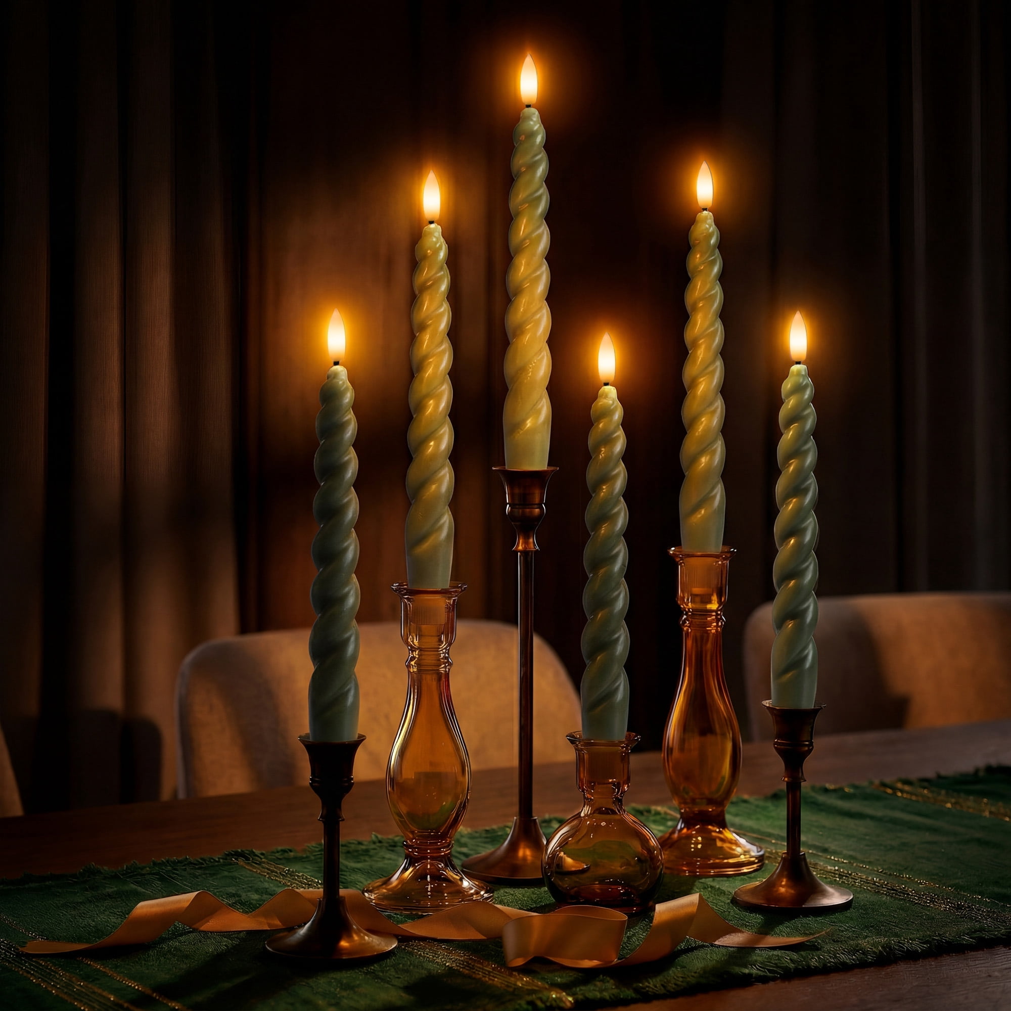 WYZworks 10" Flameless LED Taper Candles – Full Twisted Spiral – Loden Green, Set of 2 – Remote, 2/4/6/8-Hr Timer (24-hr Memory), Bottom On/Off Button, Dimmable, Battery Operated, Flicker/Steady