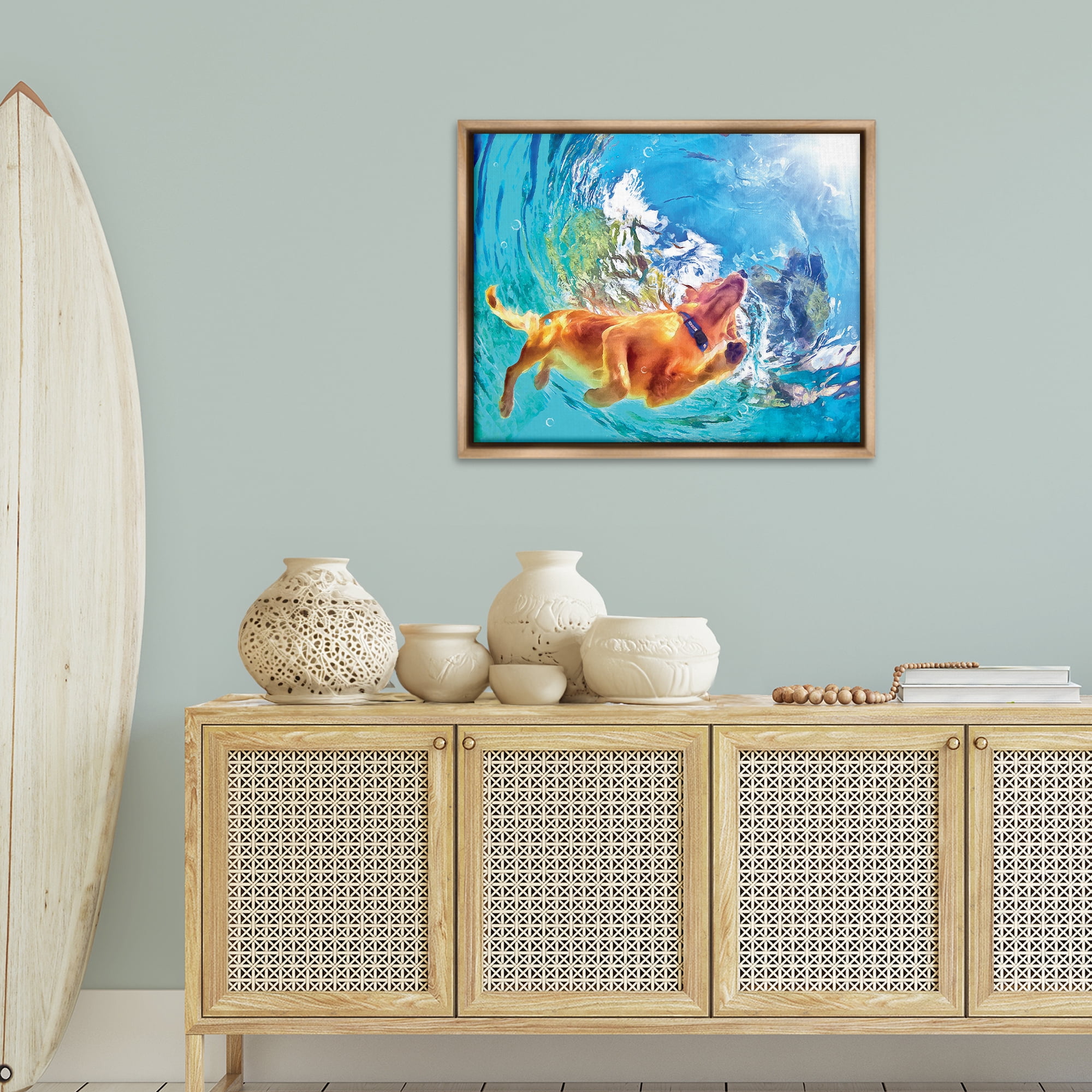 Stupell Industries Underwater Swimming Dog Animals & Insects Painting Brown Floater Framed Canvas Art Print Wall Art, 31 x 25